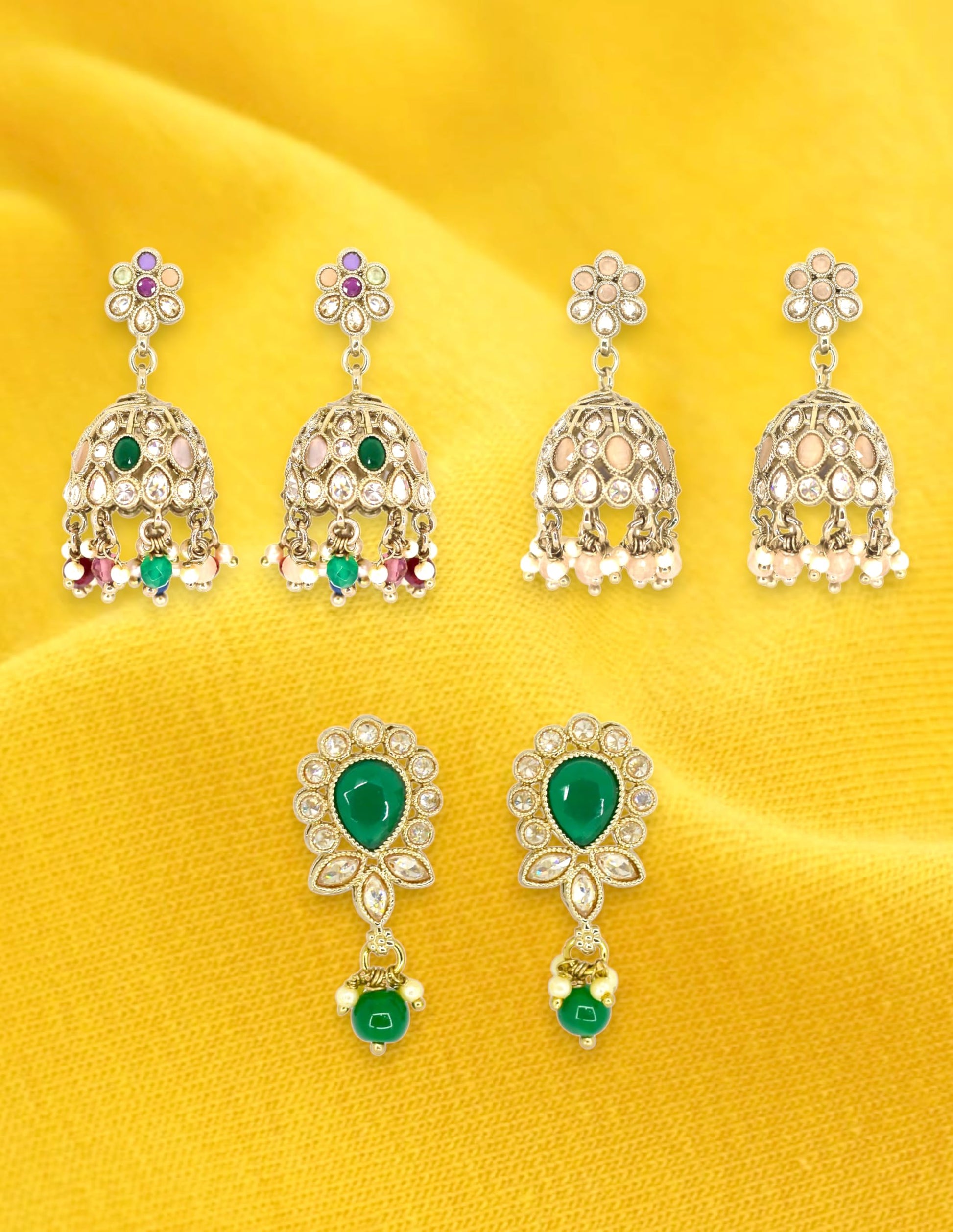 Saloni Fashion Jewellery Lavish Oval and Flower Design Kundan Siler and Antique Gold Plated Set of 3 Combo Jhumki Earring For Women and Girls