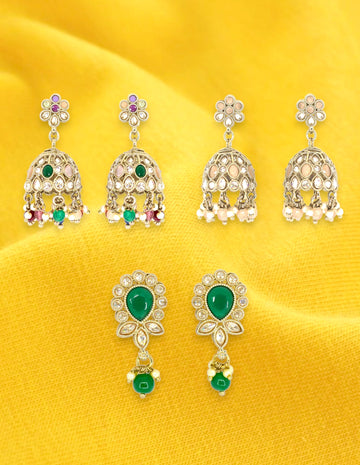 Saloni Fashion Jewellery Lavish Oval and Flower Design Kundan Siler and Antique Gold Plated Set of 3 Combo Jhumki Earring For Women and Girls