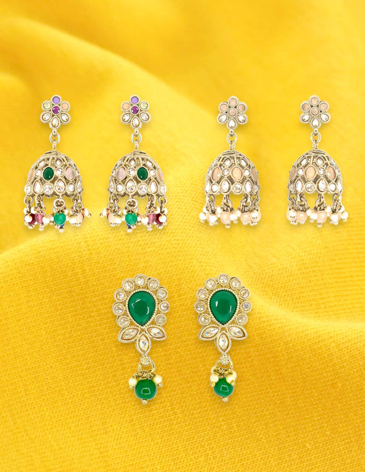 Saloni Fashion Jewellery Lavish Oval and Flower Design Kundan Siler and Antique Gold Plated Set of 3 Combo Jhumki Earring For Women and Girls