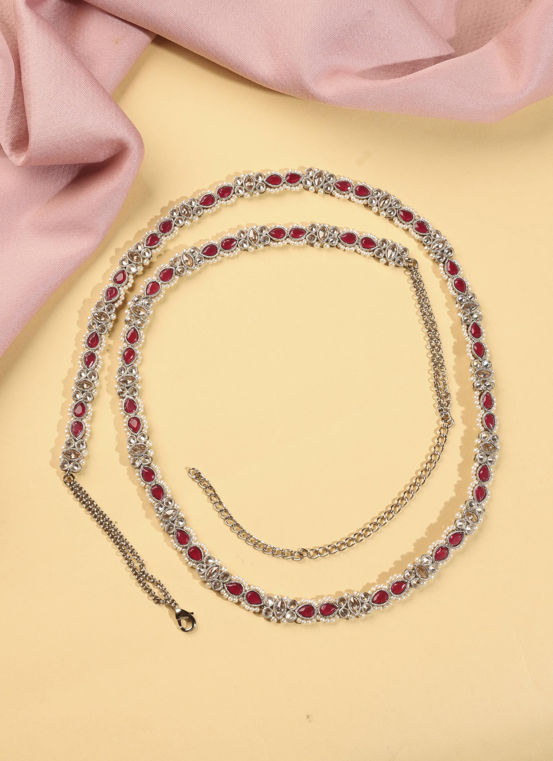 Saloni Fashion Jewellery Desirable Oval Shape and Pearl Ruby Kundan Stone Antique Gold Plated Waist belt(Kamarband) For Women and Girls