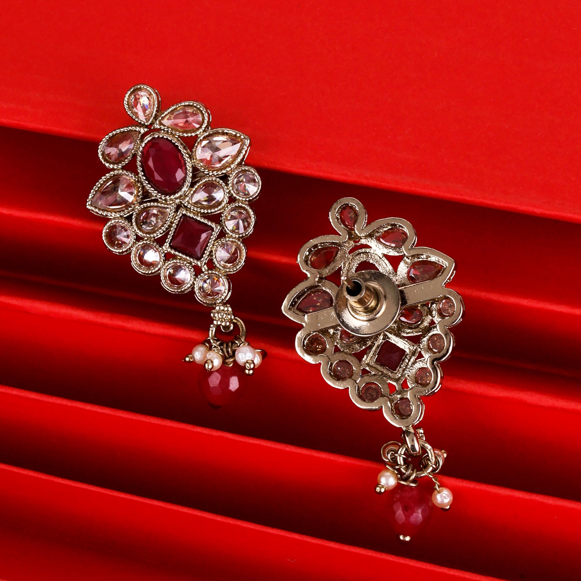 Saloni Fashion Jewellery Modern Flower Design Red Uncut Kundan Stone Mother of Pearl Antique Gold Plated Dangle Earring For Women and Girls
