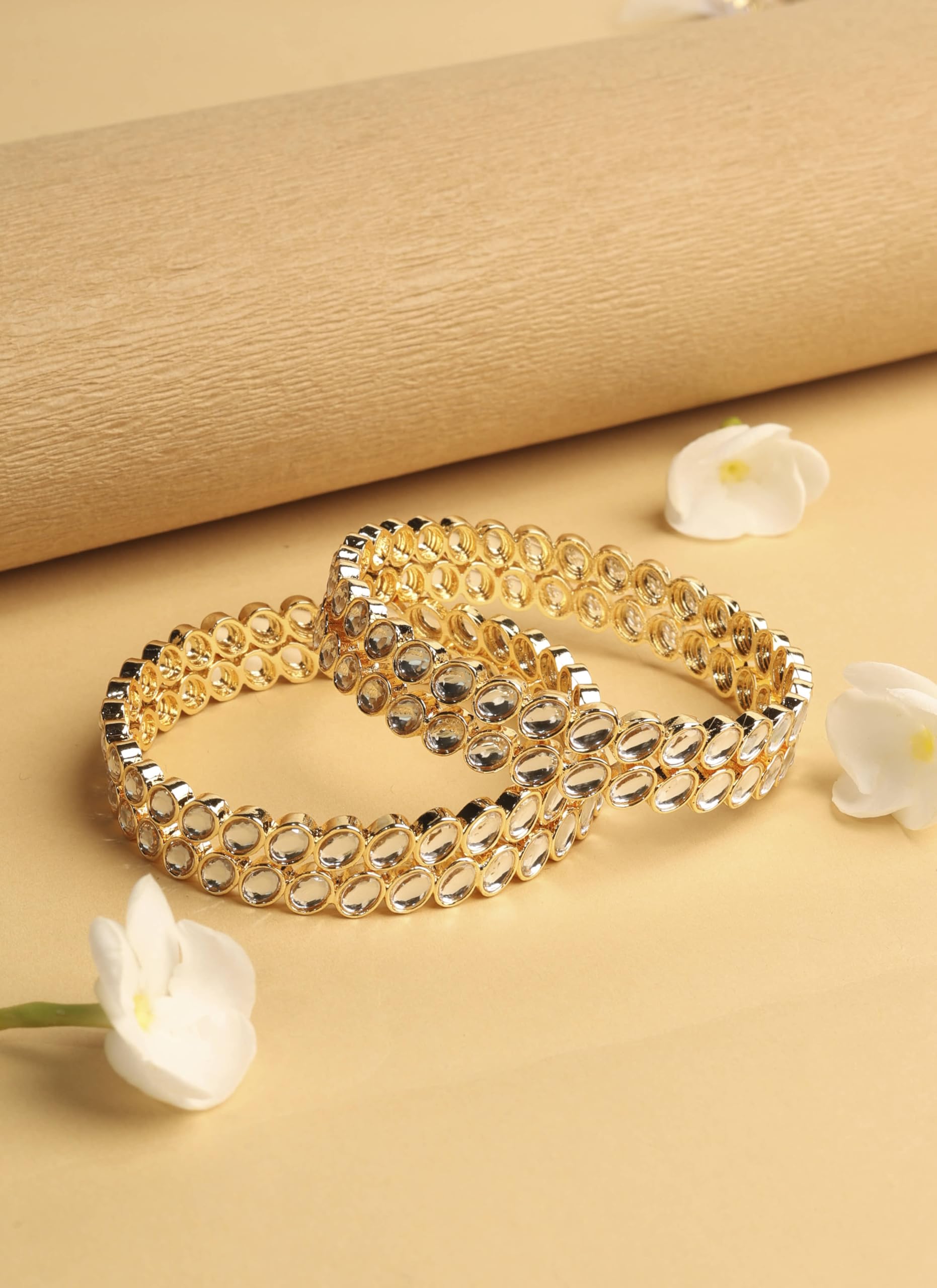 Saloni Fashion Jewellery Traditional Circle Shape White Kundan Stone Gold Plated Set of 4 Bangle Set For Women and Girls