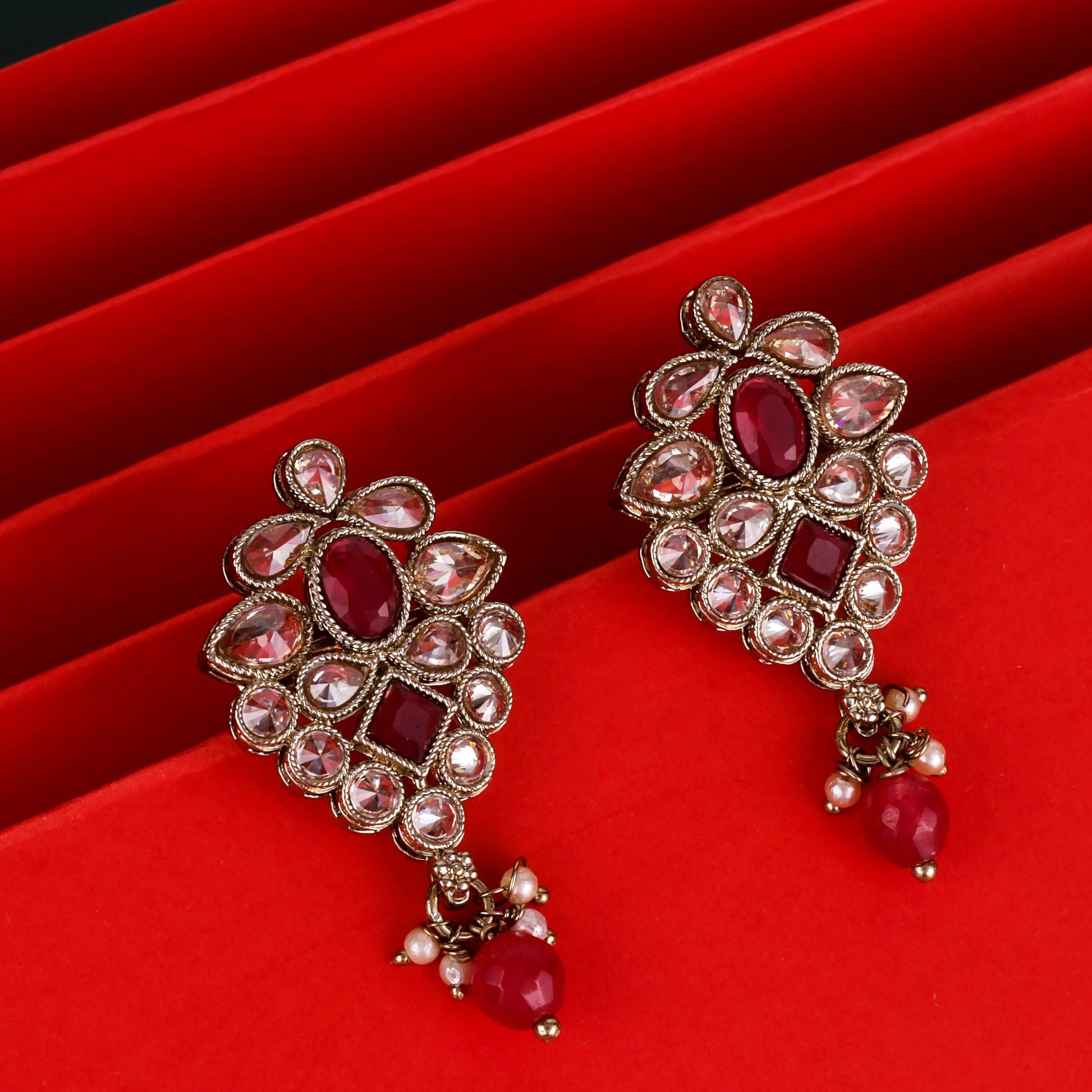 Saloni Fashion Jewellery Modern Flower Design Red Uncut Kundan Stone Mother of Pearl Antique Gold Plated Dangle Earring For Women and Girls