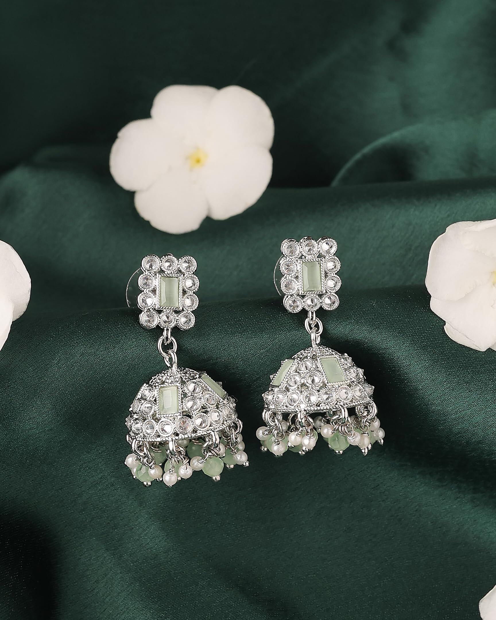 Saloni Fashion Jewellery Creative Square Shape Silver Plated Light Green Kundan Stone Jhumki Earring For Women and Girls