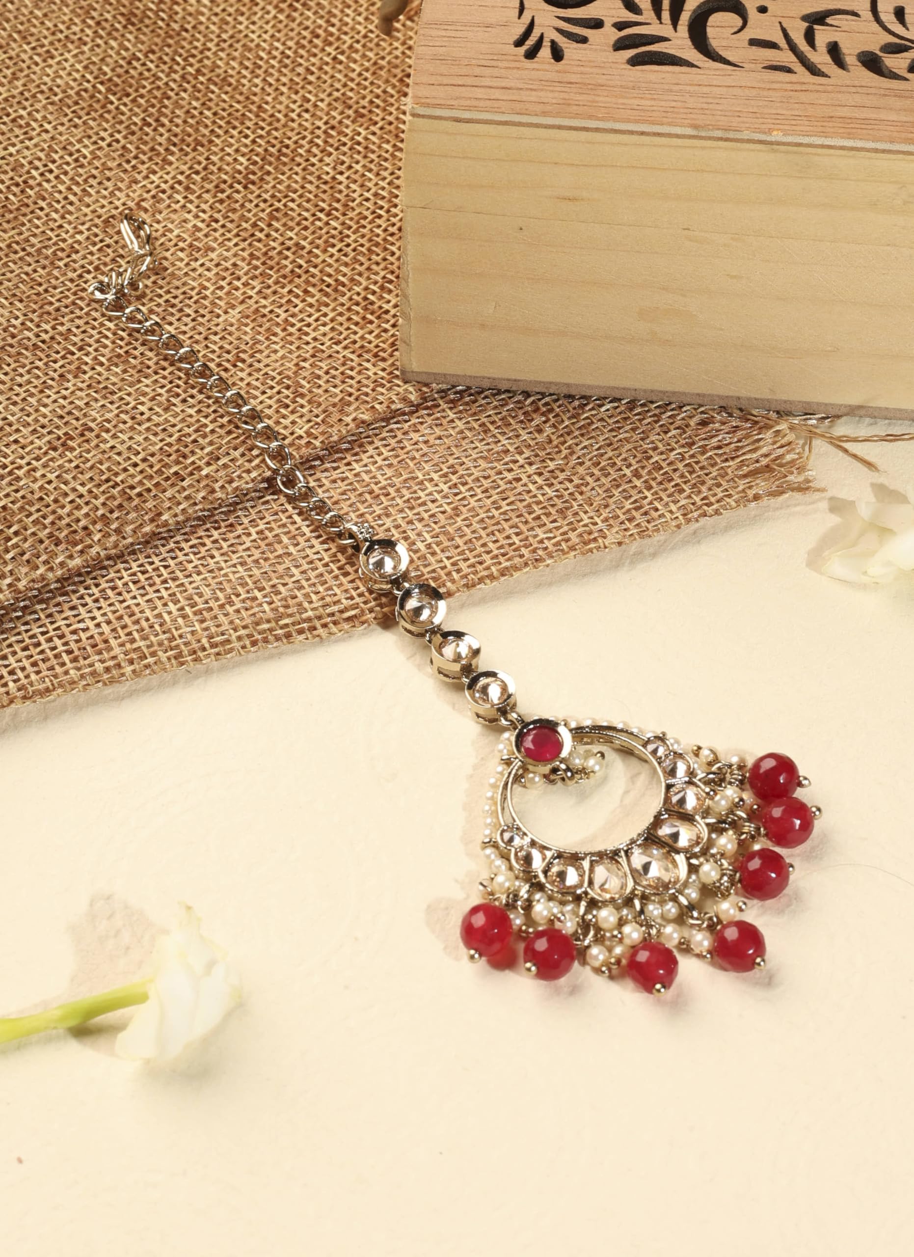 Saloni Fashion Jewellery Incredible Circle and Leaf Shape Red Pearl Brown Kundan Stone Antique Gold Plated Brass Chandelier Earring With Maang Tikka For Women and Girls