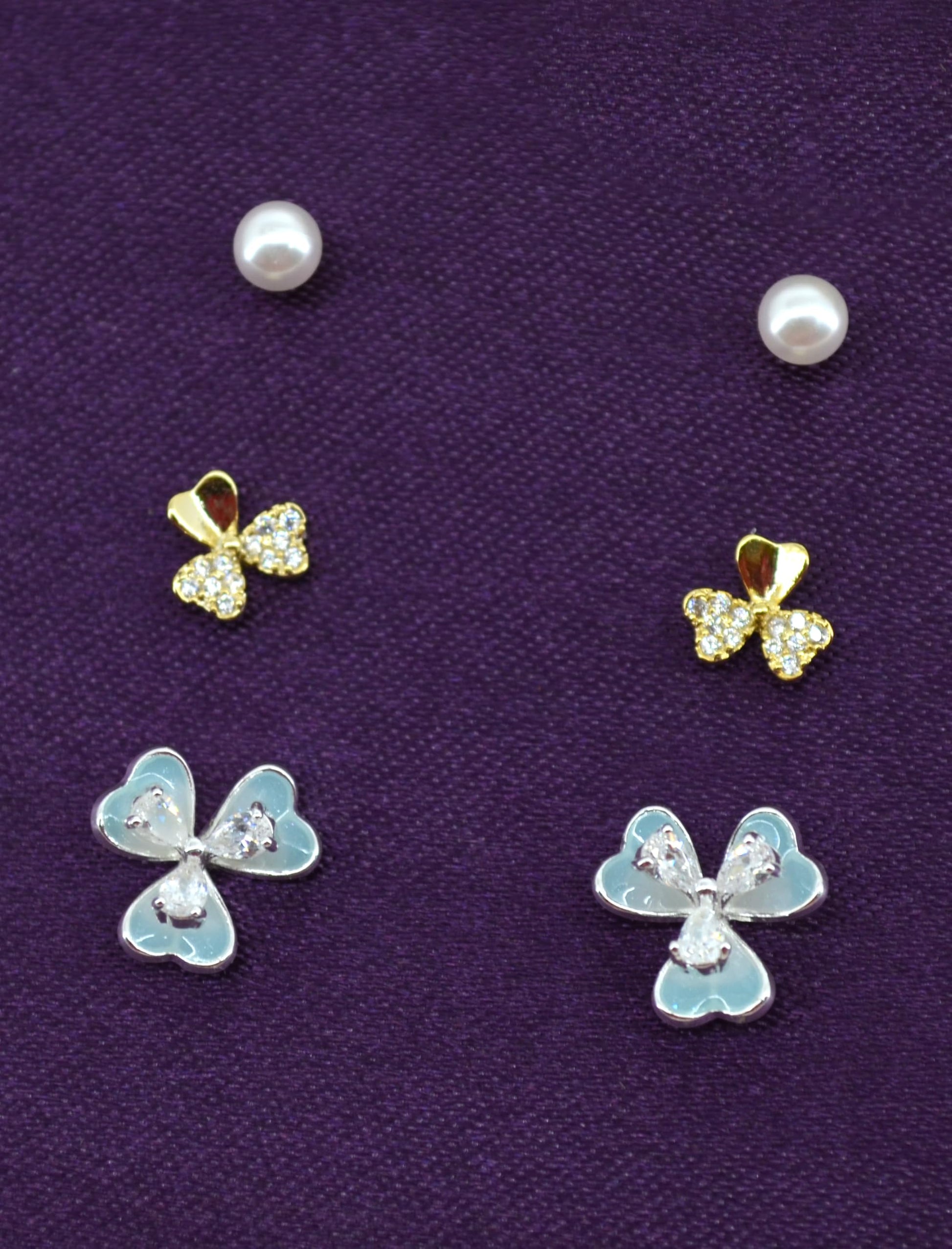 Saloni Fashion Jewellery Pleasing Flower Shape Pearl Brass Silver and Gold Plated Set of 3 Combo Stud Earring For Women and Girls