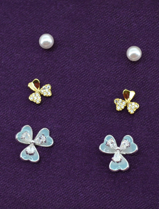 Saloni Fashion Jewellery Pleasing Flower Shape Pearl Brass Silver and Gold Plated Set of 3 Combo Stud Earring For Women and Girls