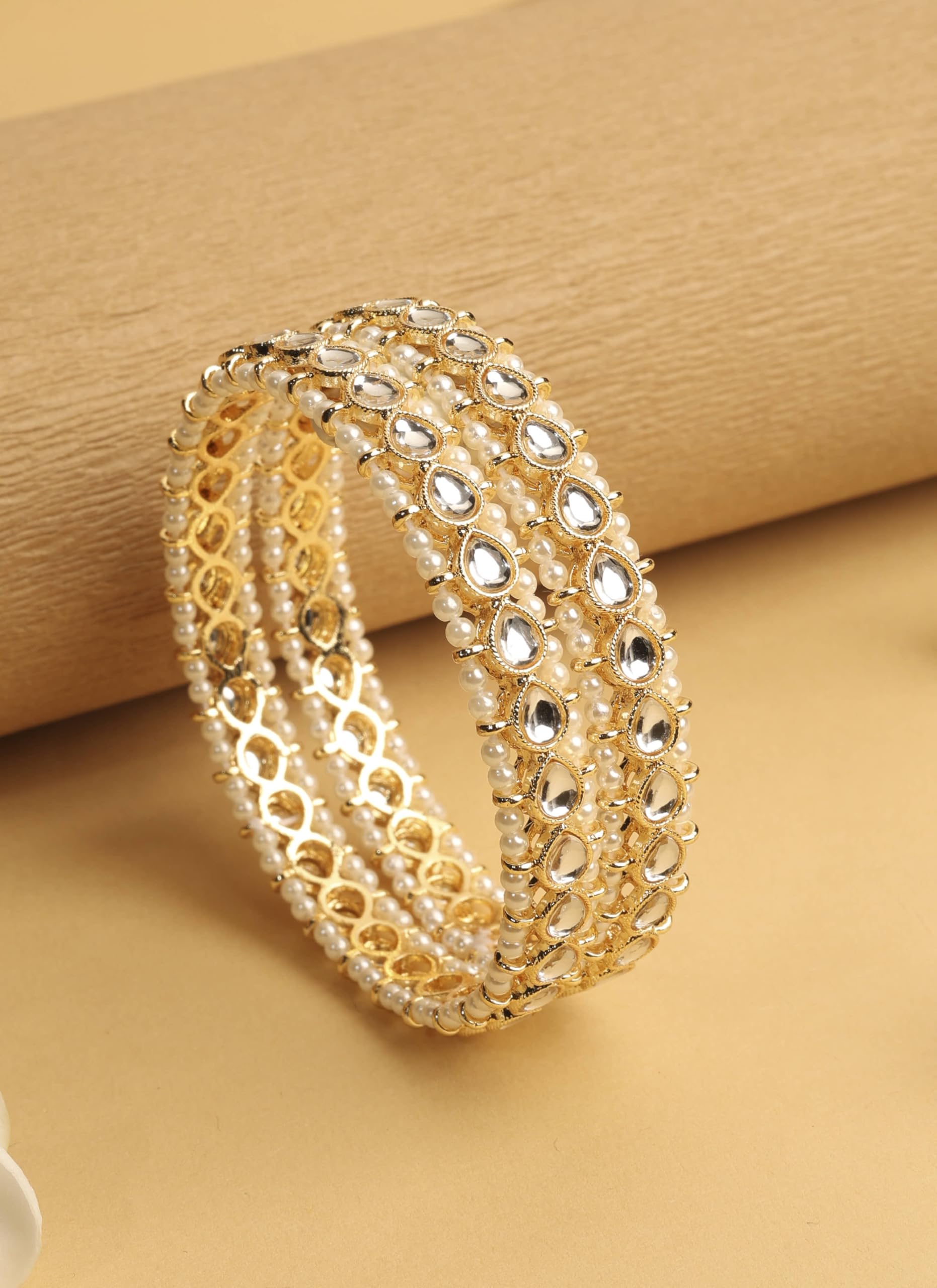 Saloni Fashion Jewellery Traditional Oval Shape Pearl White Kundan Stone Gold Plated Set of 2 Bangle Set For Women and Girls