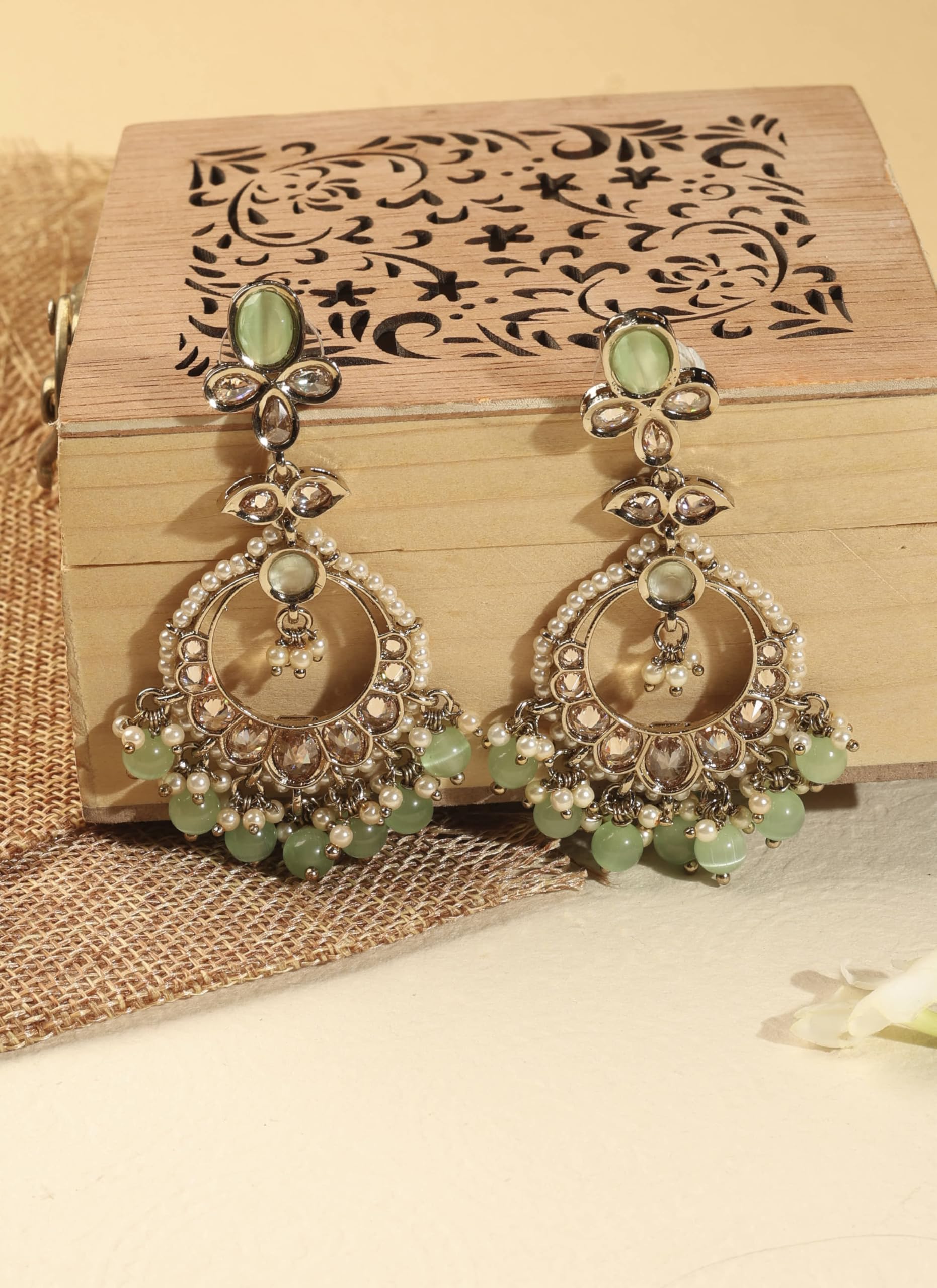 Saloni Fashion Jewellery Gorgeous Circle and Leaf Shape Light Green Pearl Brown Kundan Stone Antique Gold Plated Brass Chandelier Earring With Maang Tikka For Women and Girls