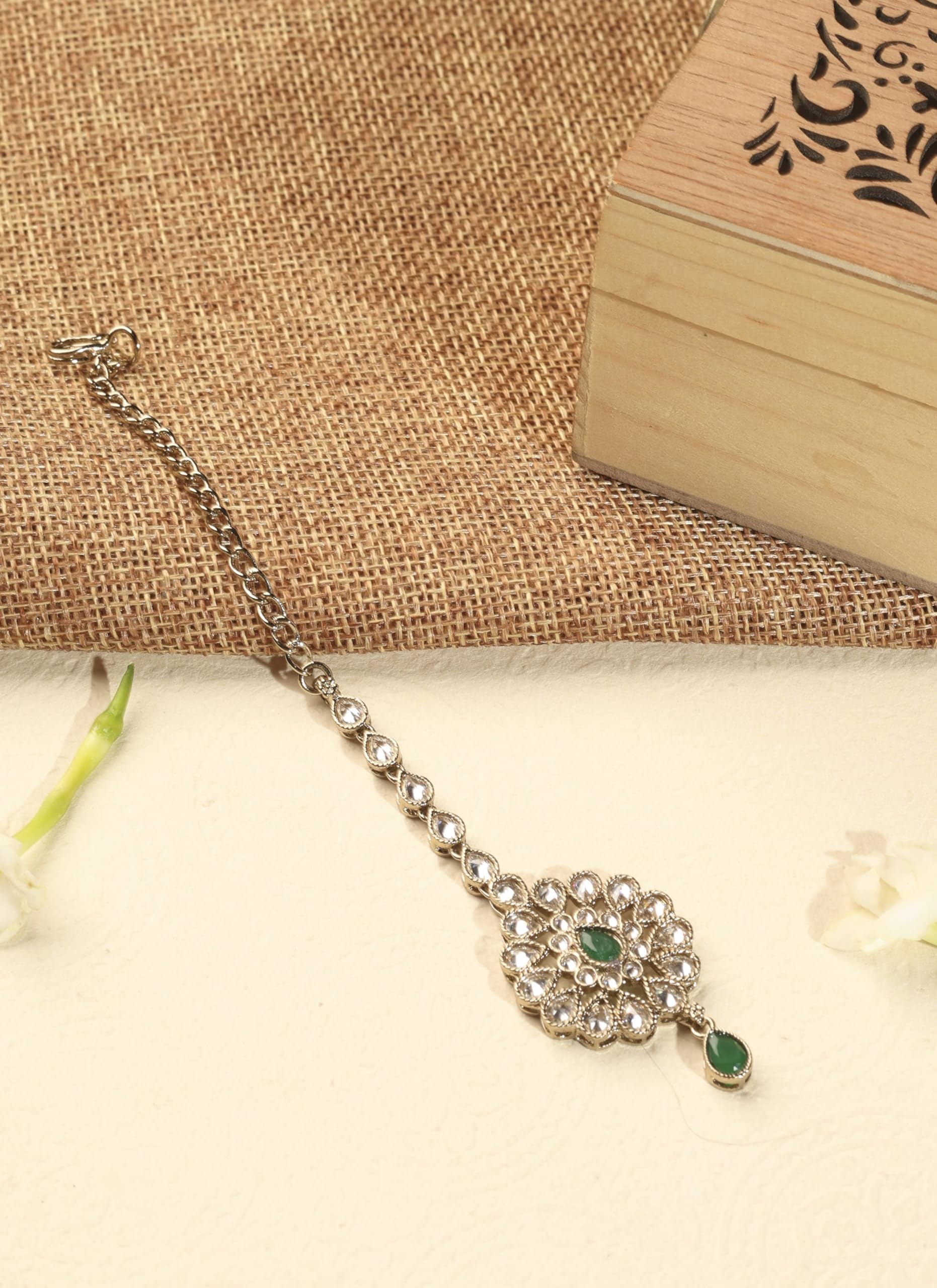 Saloni Fashion Jewellery Flowing Round and Flower Shape Green Kundan Stone Antique Gold Plated Brass Dangle Earring With Maang Tikka For Women and Girls