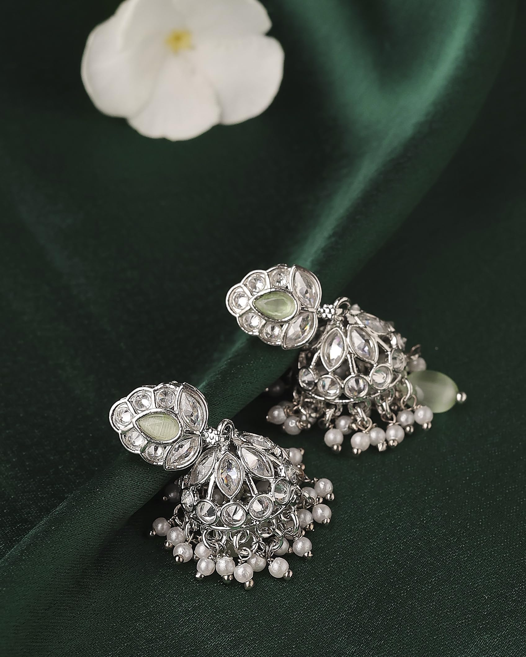 Saloni Fashion Jewellery Lovely Leaf and Pear Shape Silver Plated Light Green Kundan Stone Brass Jhumki Earring For Women and Girls