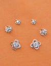 Heart and Flower Shape CZ Brass Silver Plated Set of 3 Combo Stud Earring