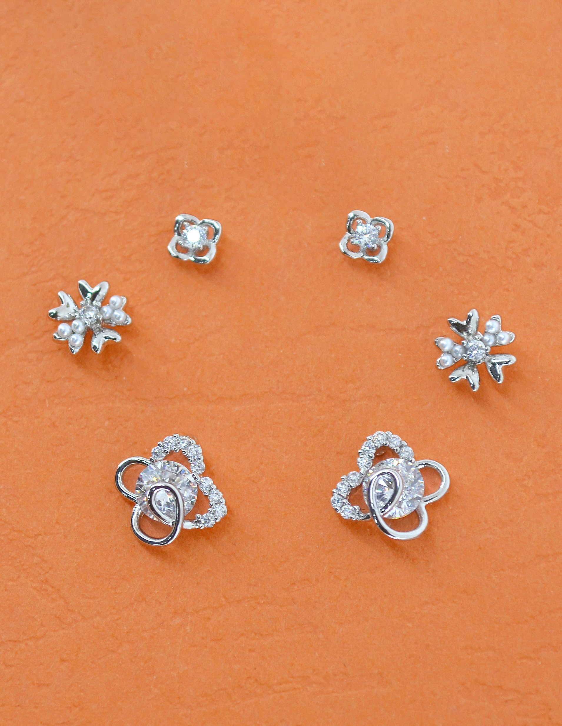 Saloni Fashion Jewellery Pleasant Heart and Flower Shape CZ Brass Silver Plated Set of 3 Combo Stud Earring For Women and Girls
