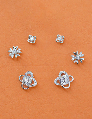 Saloni Fashion Jewellery Pleasant Heart and Flower Shape CZ Brass Silver Plated Set of 3 Combo Stud Earring For Women and Girls