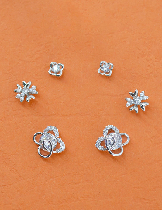 Saloni Fashion Jewellery Pleasant Heart and Flower Shape CZ Brass Silver Plated Set of 3 Combo Stud Earring For Women and Girls