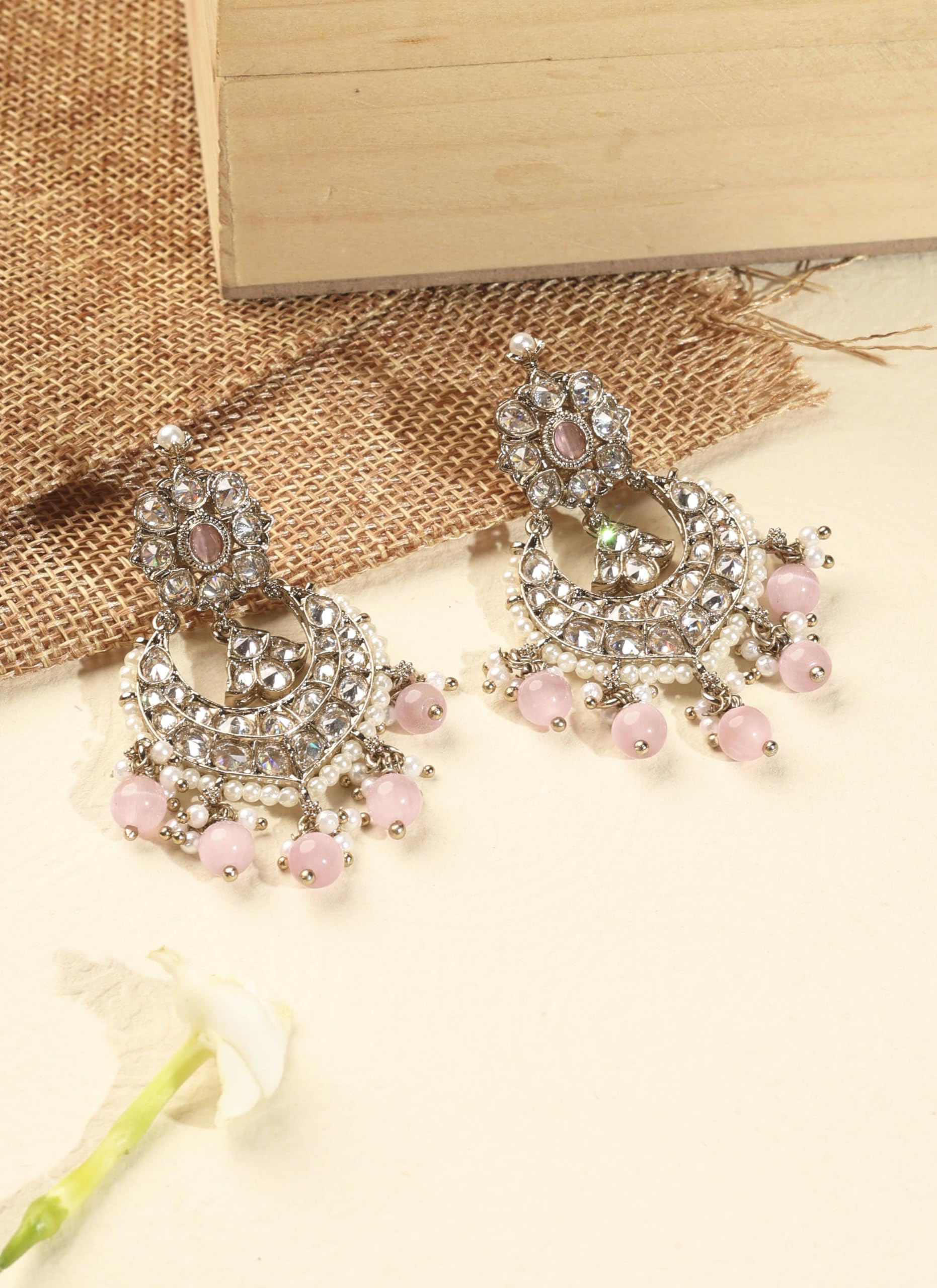 Saloni Fashion Jewellery Fabulous Chandelier Shape and Pink Pearl Brown Kundan Stone Antique Gold Plated Brass Chandelier Earring With Maang Tikka For Women and Girls