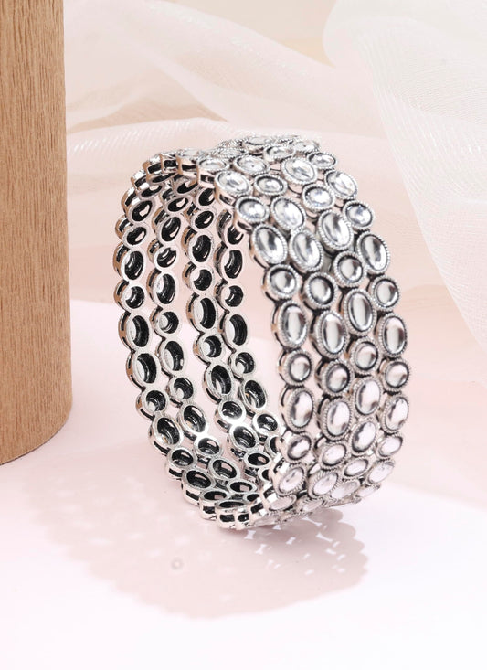Saloni Fashion Jewellery Trendy Round Shape White Kundan Stone Silver Plated Set Of 4 Bangle Set For Women and Girls