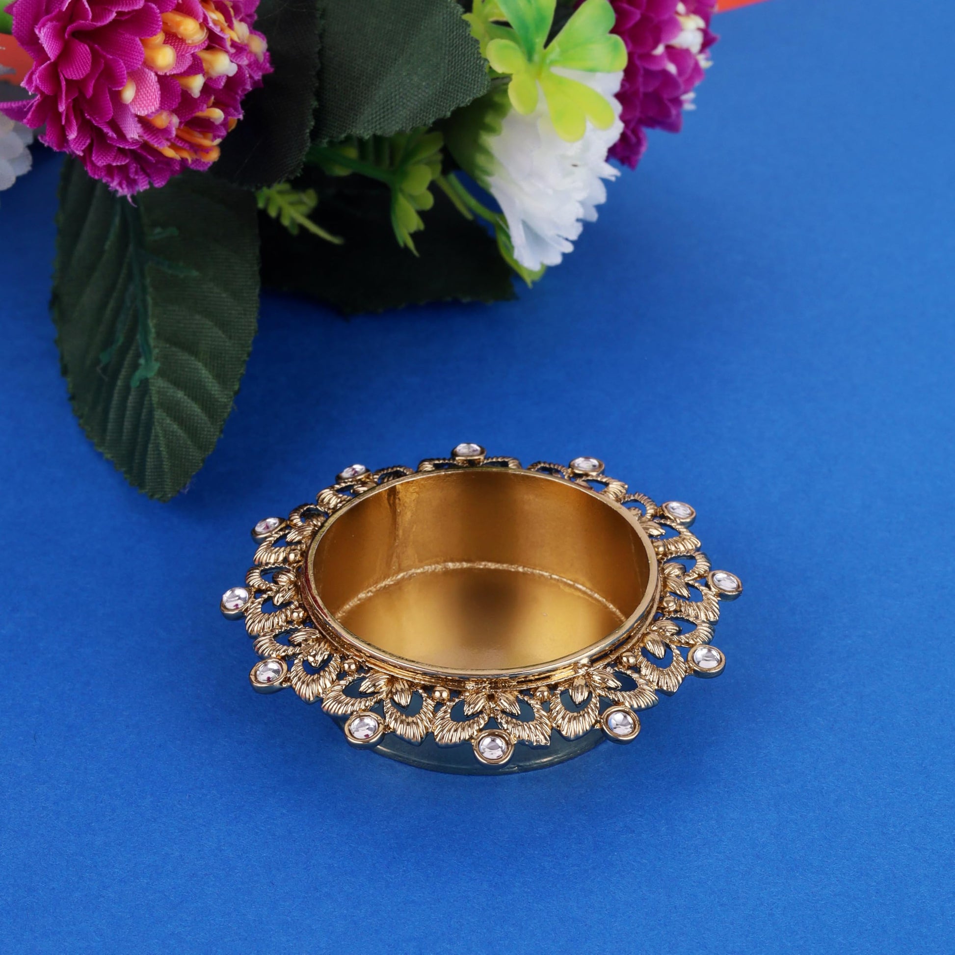 Saloni Fashion Jewellery Traditional Classy Leaf and Round Shape Brass Gold Plated White Stone Festival Decorative Deep / Diya