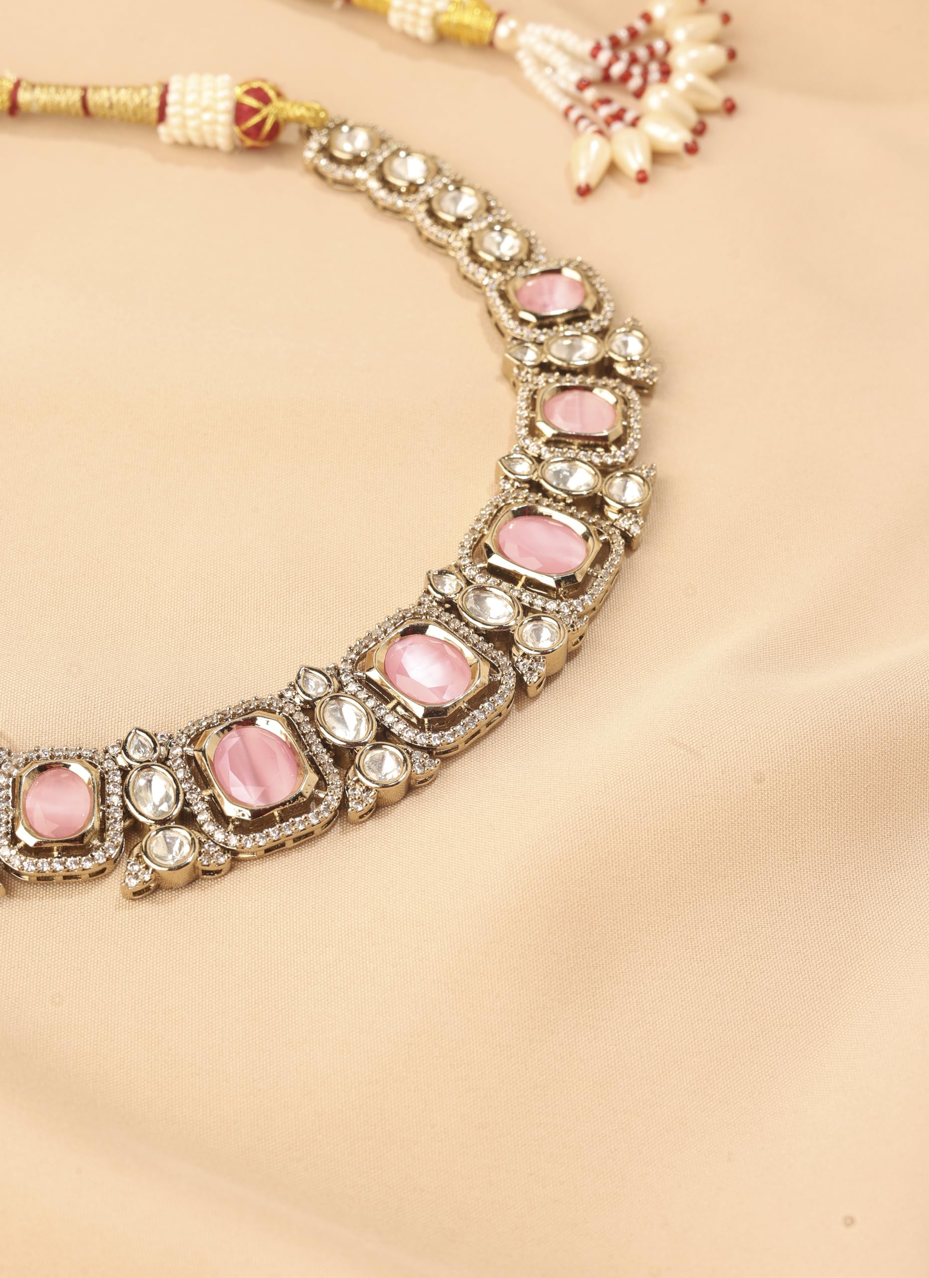 Saloni Fashion Jewellery Trendy Square Shape Pink Kundan Stone Antique Gold Plated Choker Brass Necklace With Maang Tikka For Women and Girls
