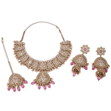 Saloni Fashion Jewellery Gorgeous Flower Design Uncut Kundan Stone Gold Plated Brass Choker Necklace Set With Maang Tikka For Women and Girls