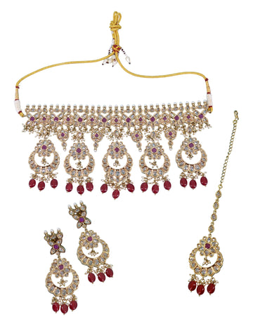 Saloni Fashion Jewellery Superb Flower and Chandelier Shape Uncut Kundan Gold Plated Choker Necklace Set with Maangtikka For Women and Girls