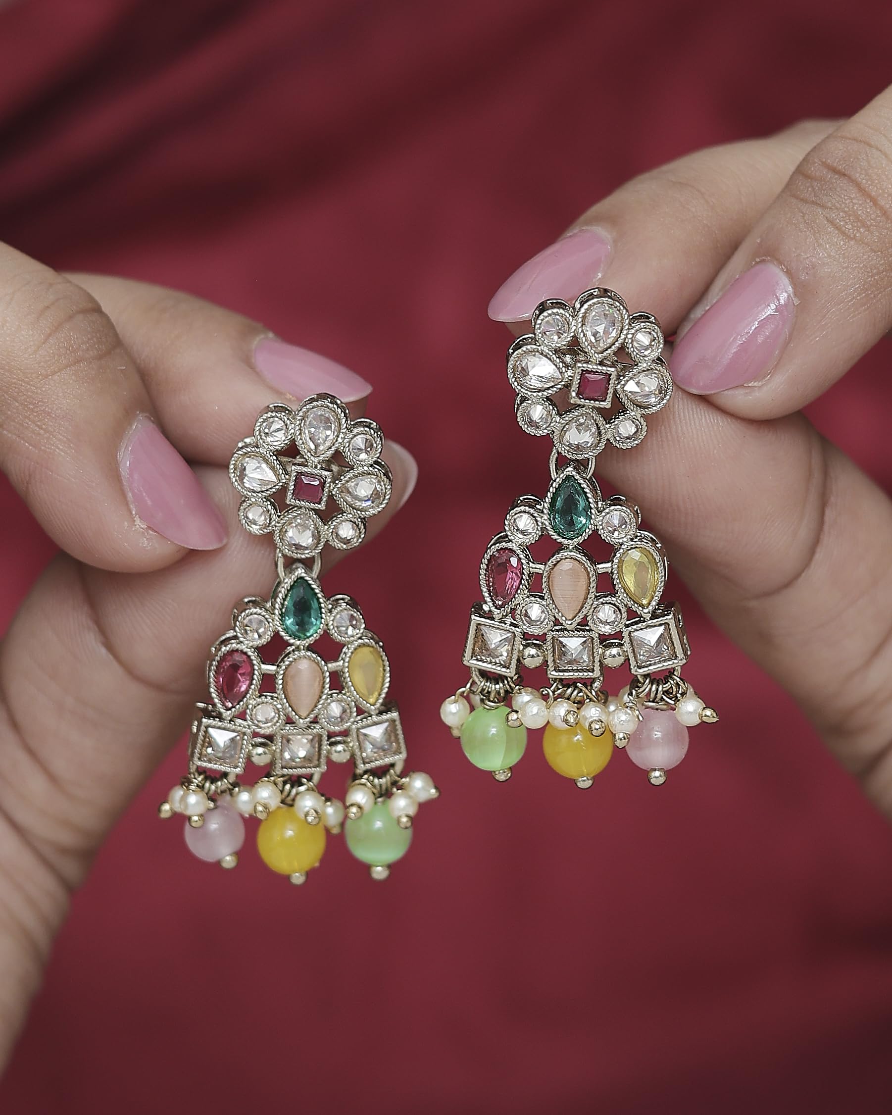 Saloni Fashion Jewellery Beautiful Pear and Round Shape Gold Plated Multi Kundan Stone Dangle Earring For Women and Girls
