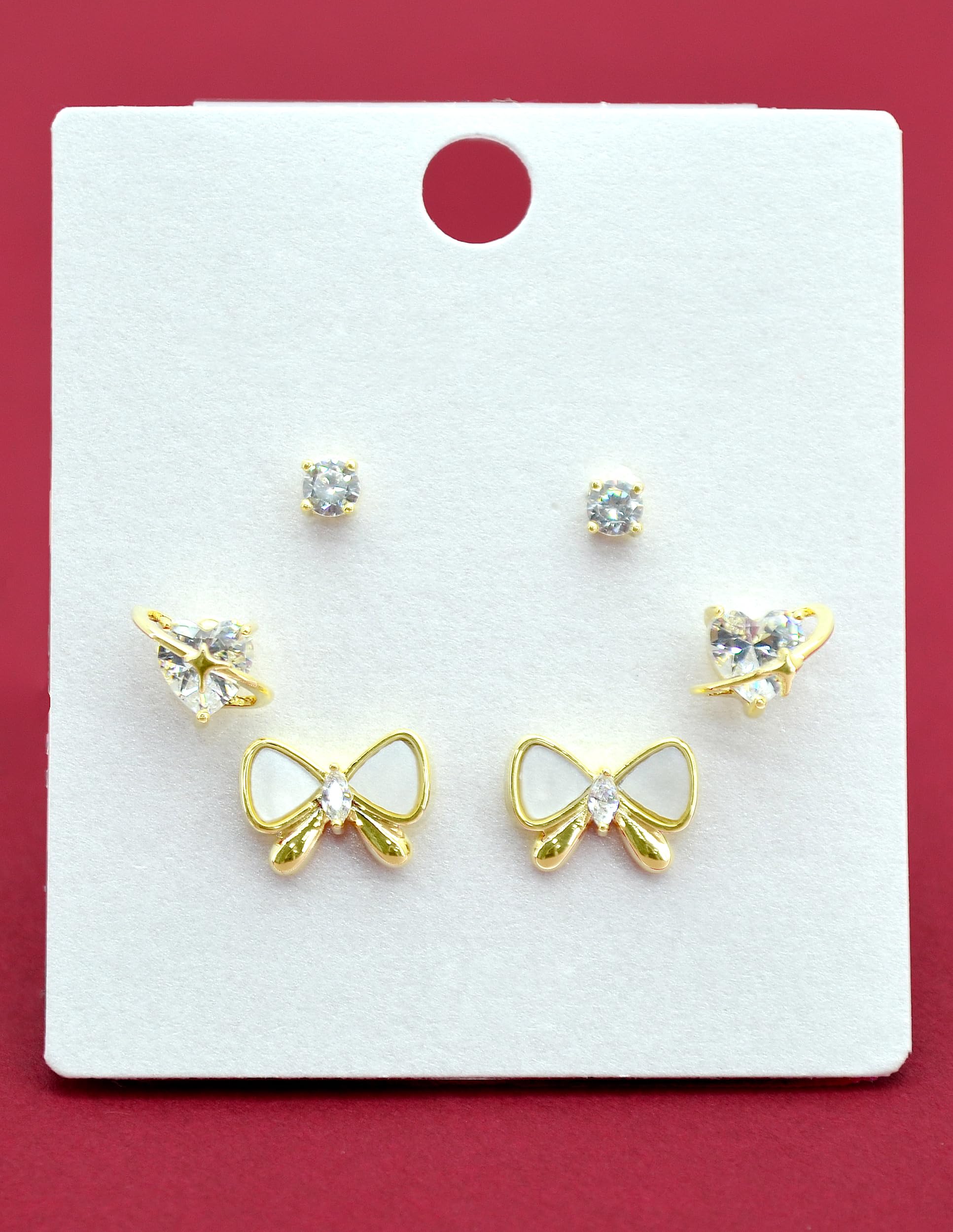 Saloni Fashion Jewellery Youthful Butterfly and Heart Shape Kundan Brass Gold Plated Set of 3 Combo Stud Earring For Women and Girls