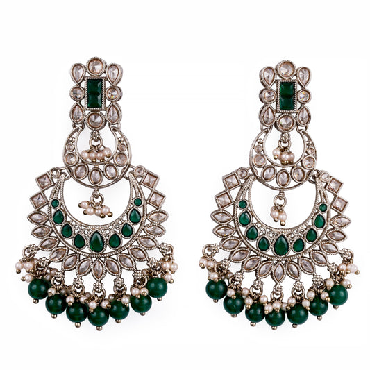 Saloni Fashion Jewellery Gorgeous Pear and Chandelier Shape Mother of Pearl Green Uncut Kundan Stone Antique Gold Plated Earring For Women and Girls