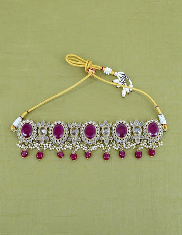Saloni Fashion Jewellery Charming Circle and Leaf Design Red Uncut Kundan Gold Plated Collar Necklace Set with Maangtikka For Women and Girls