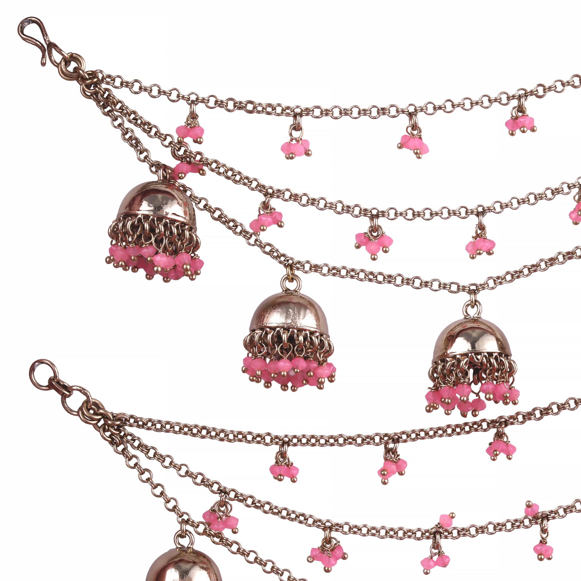 Saloni Fashion Jewellery Fancy Latkan Jhumki Pink Pearl 3 String Antique Gold Plated Set Of 2 Brass Ear-Chain (Kaanchain) For Women and Girls