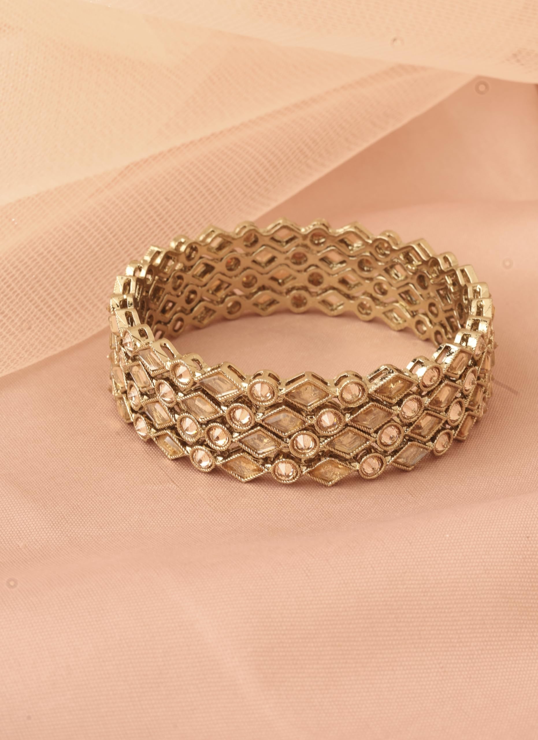 Saloni Fashion Jewellery Pretty Rectangle and Round Shape Brown Kundan Stone Antique Gold Plated Set Of 4 Bangle Set For Women and Girls