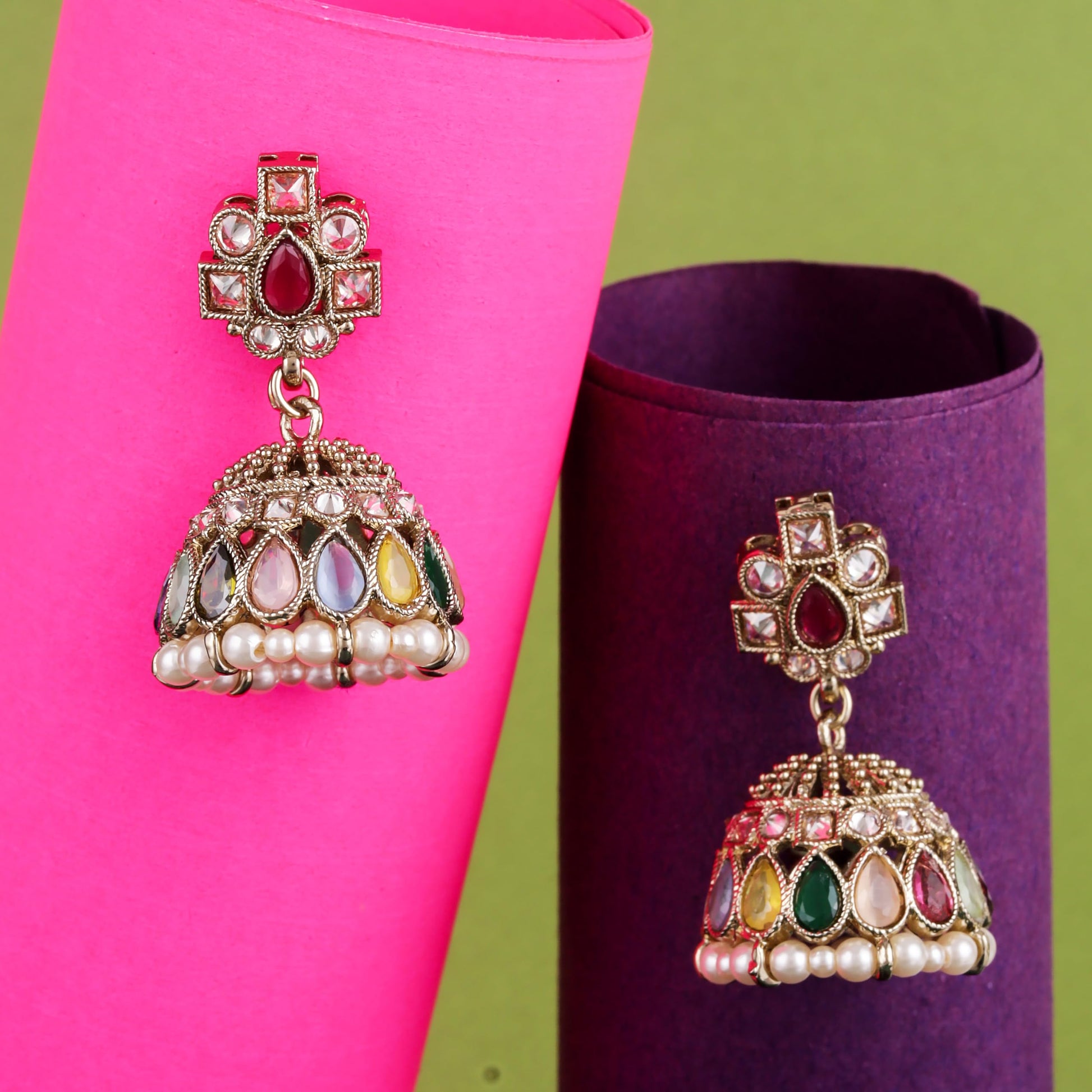 Saloni Fashion Jewellery Desirable Oval Shape Multi Uncut Kundan Stone Antique Gold Plated Jhumki Earring For Women and Girls