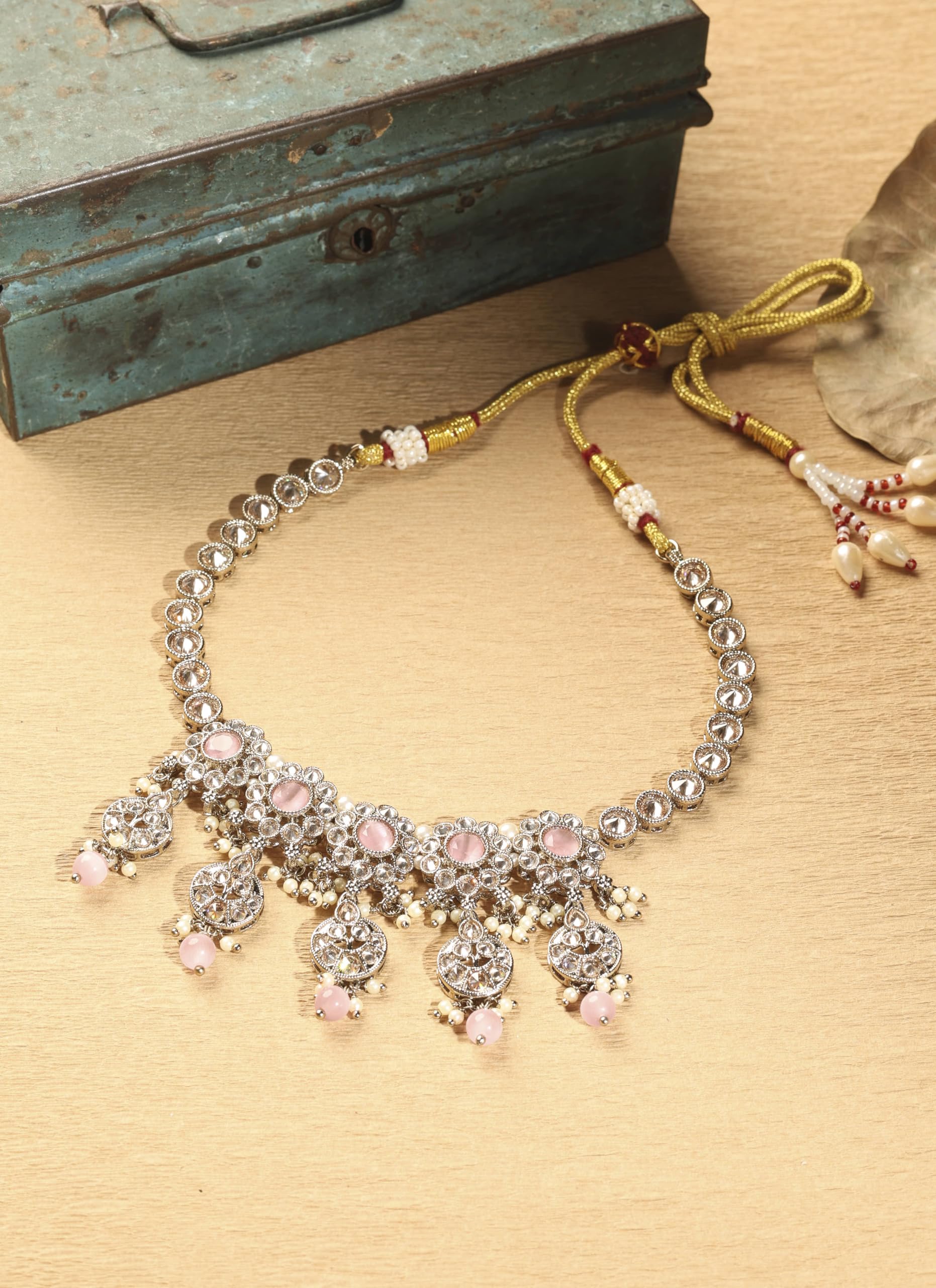 Saloni Fashion Jewellery Modern Flower and Round Shape Pink Kundan Stone Antique Gold Plated Choker Necklace Set with Maang Tikka For Women and Girls