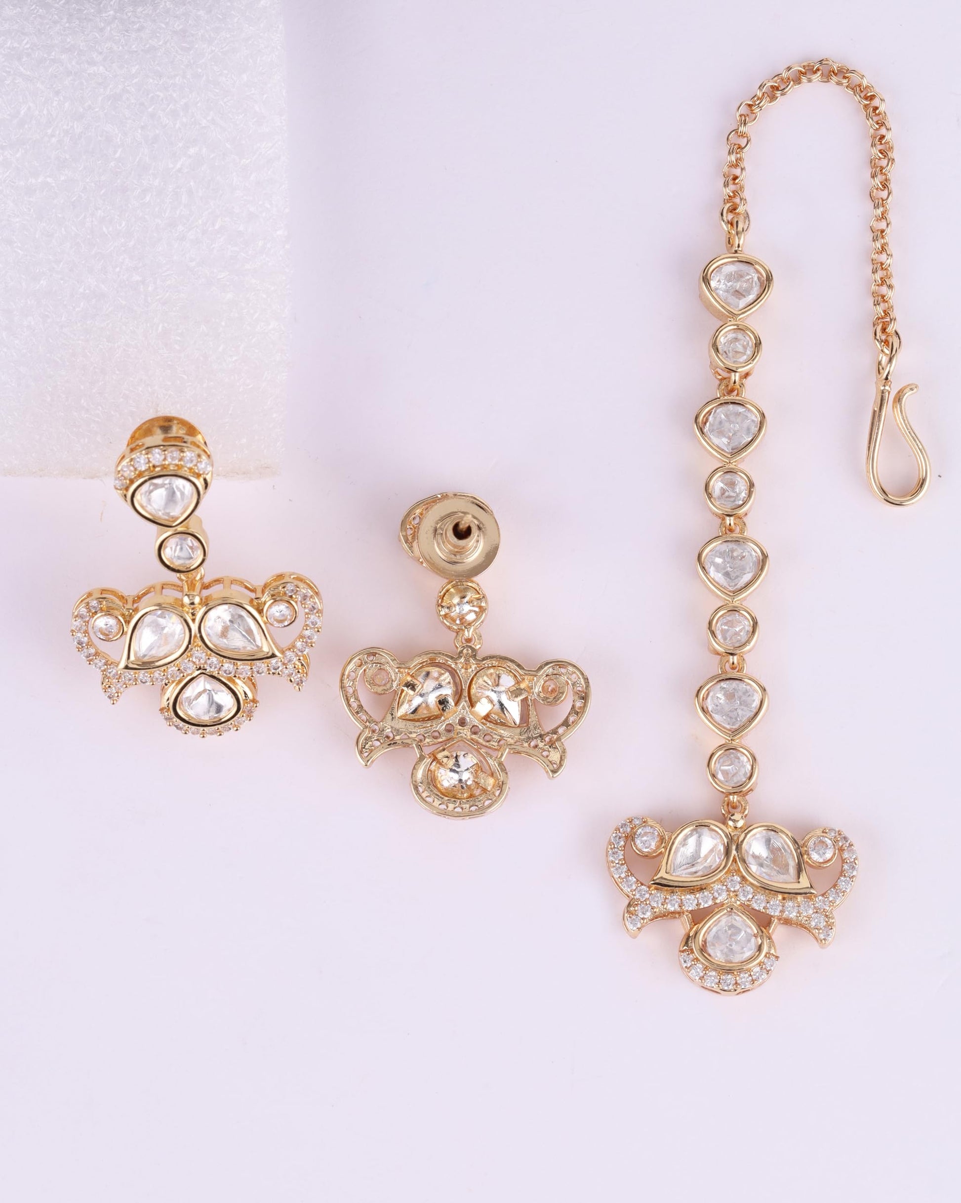 Saloni Fashion Jewellery Splendid Round and Paisley Shape CZ Studded Uncut Kundan Stone Rose Gold Plated Brass Choker Necklace Set with Maang Tikkka For Women and Girls
