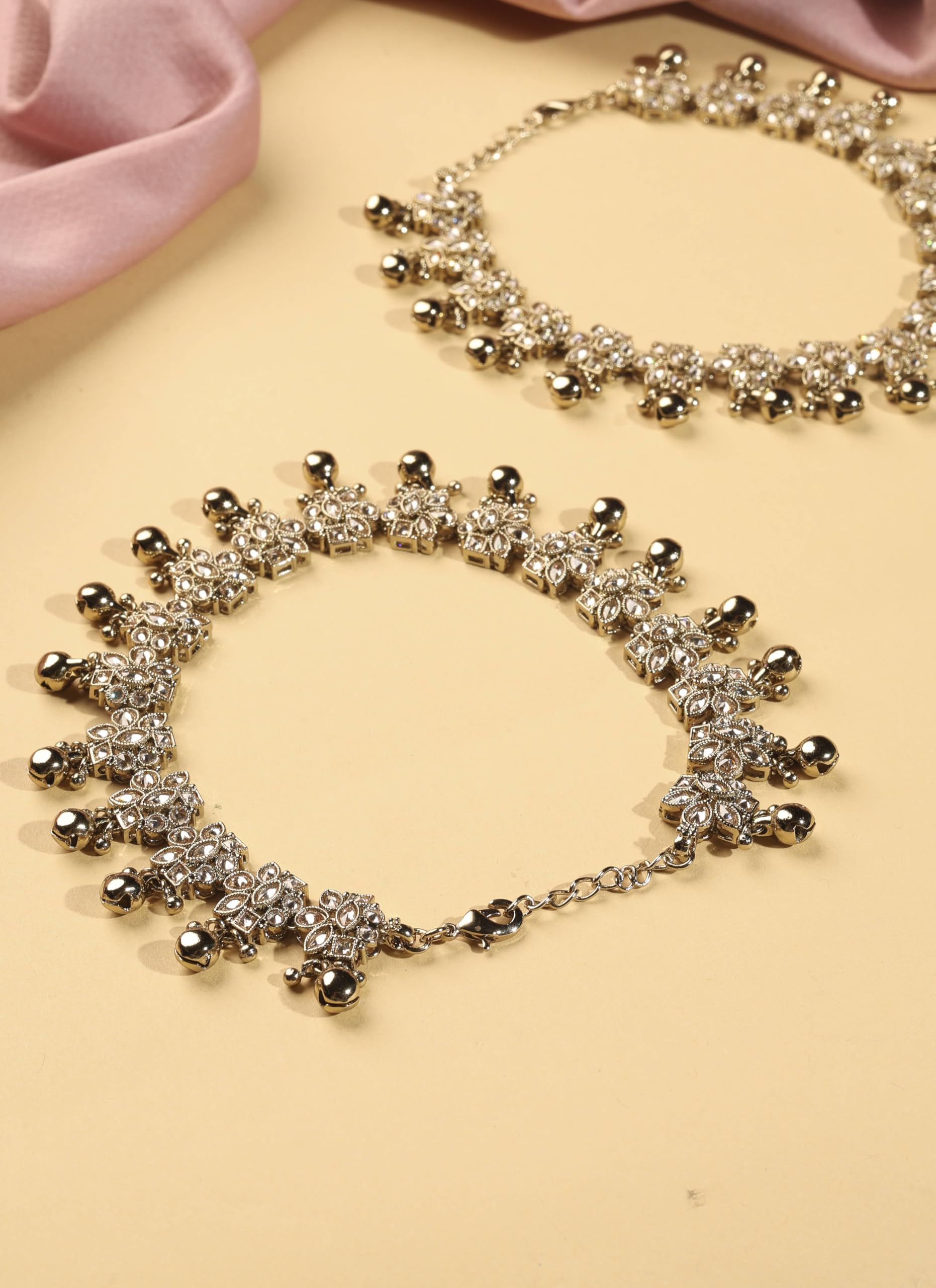 Saloni Fashion Jewellery Delightful Flower Design with Golden Ball Brown Kundan Stone Antique Gold Plated Set of 2 Anklet(Payal) For Women and Girls