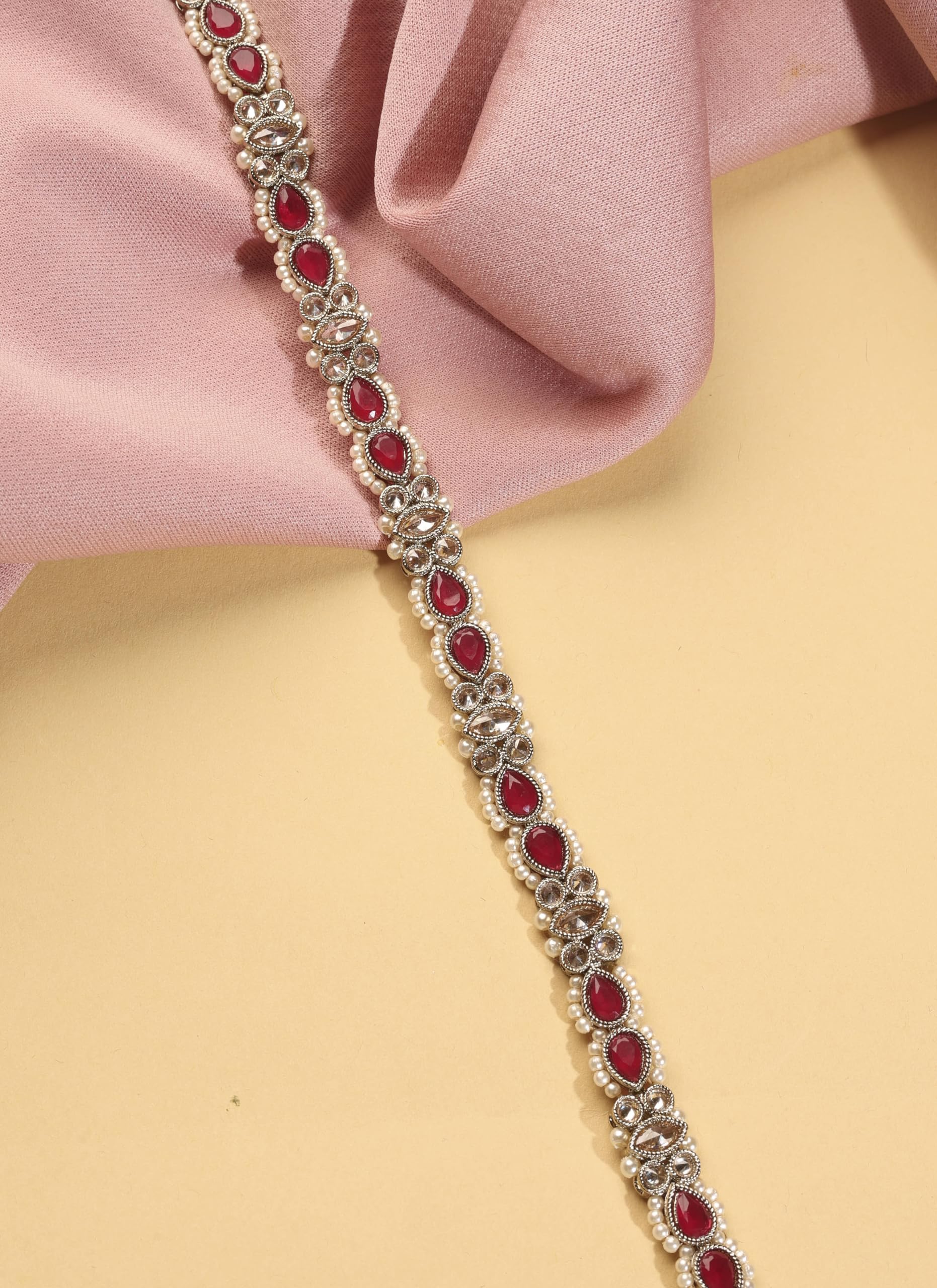 Saloni Fashion Jewellery Desirable Oval Shape and Pearl Ruby Kundan Stone Antique Gold Plated Waist belt(Kamarband) For Women and Girls