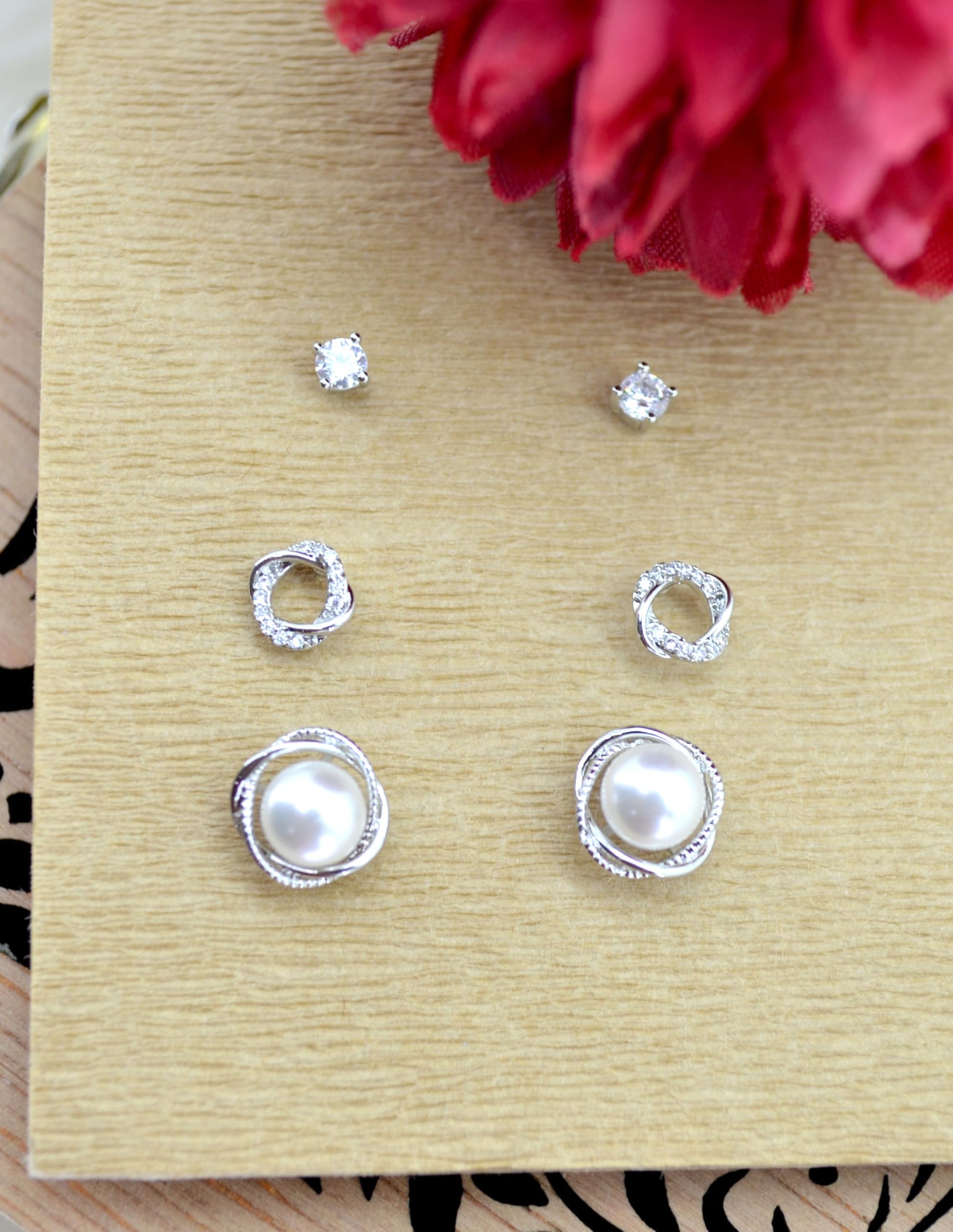 Saloni Fashion Jewellery Pretty Round Shape Mother of Pearl Combo of 3 Silver Plated Stud Earring For Women and Girls