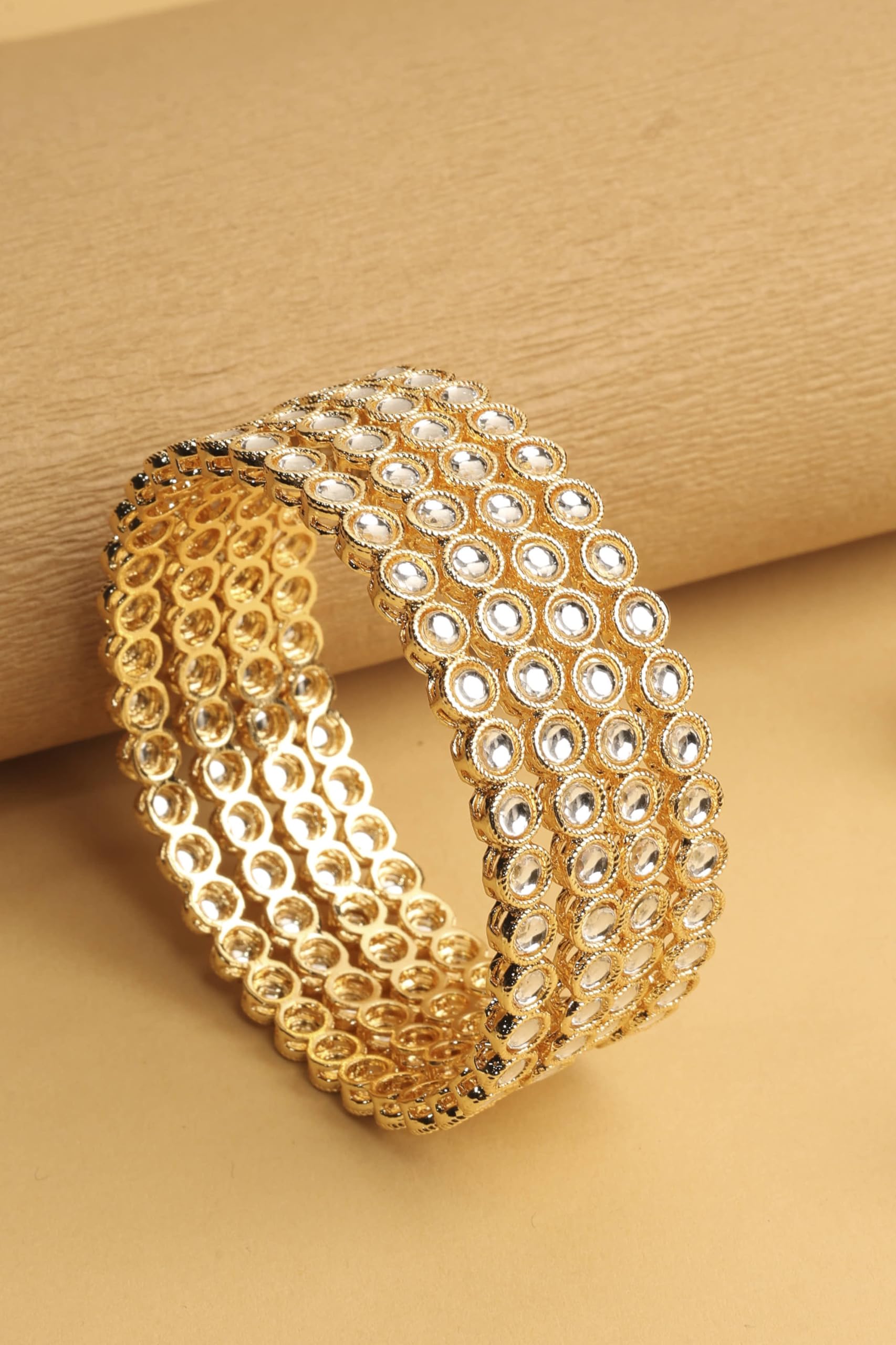 Saloni Fashion Jewellery Traditional Round Shape White Kundan Stone Gold Plated Set of 4 Bangle Set For Women and Girls