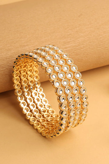 Saloni Fashion Jewellery Traditional Round Shape White Kundan Stone Gold Plated Set of 4 Bangle Set For Women and Girls