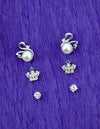 Duck Bird Design Pearl CZ Kundan Brass Silver Plated Set of 3 Combo Stud Earring