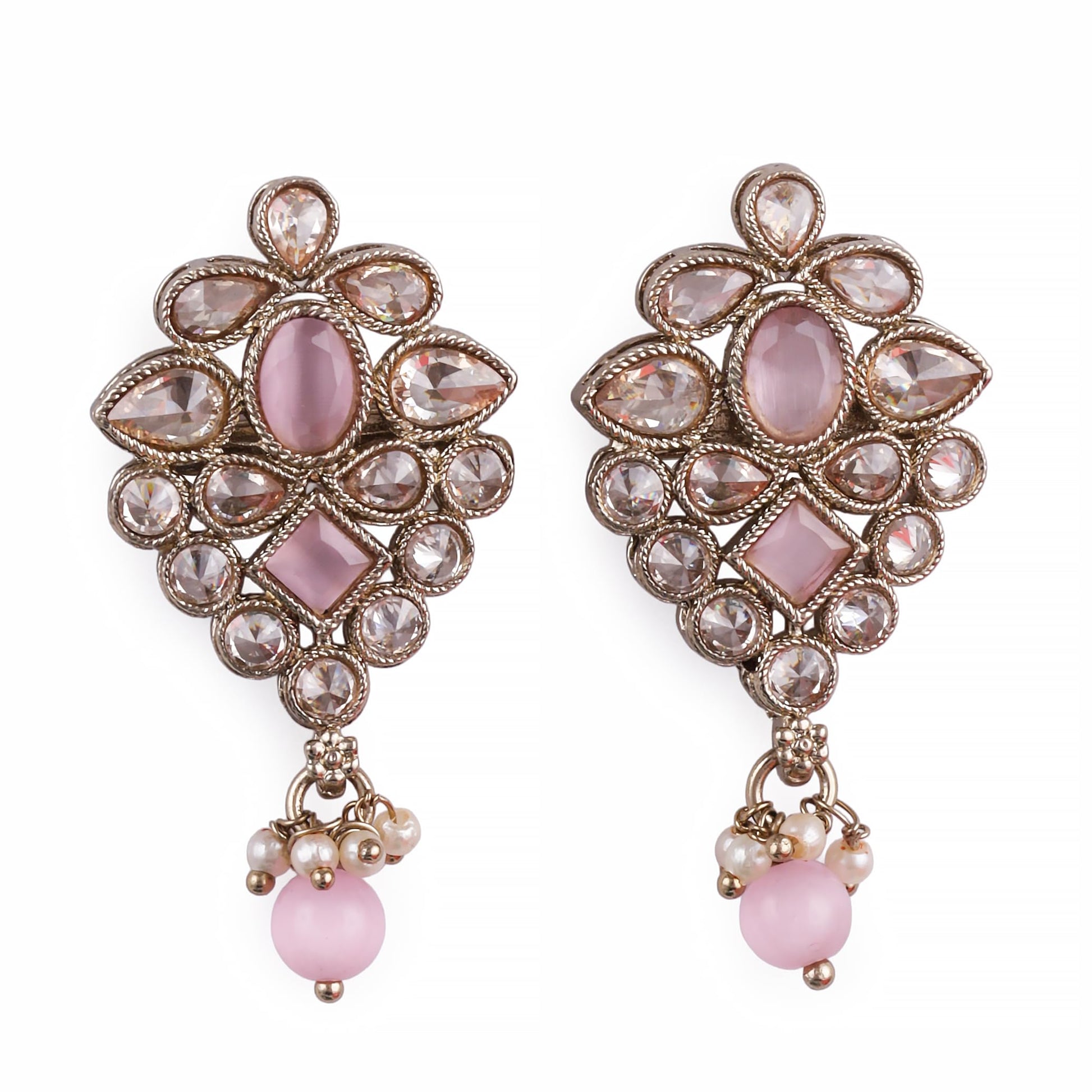 Saloni Fashion Jewellery Graceful Flower Design Pink Uncut Kundan Stone Mother of Pearl Antique Gold Plated Dangle Earring For Women and Girls