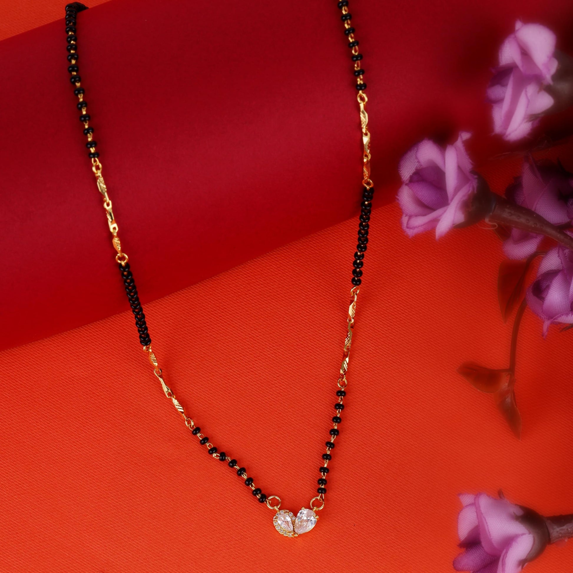 Saloni Fashion Jewellery Traditional Modern CZ Studded Oval Shape Gold Plated Combo Set of 2 Black Beaded Adjustable Chain Mangalsutra For Women