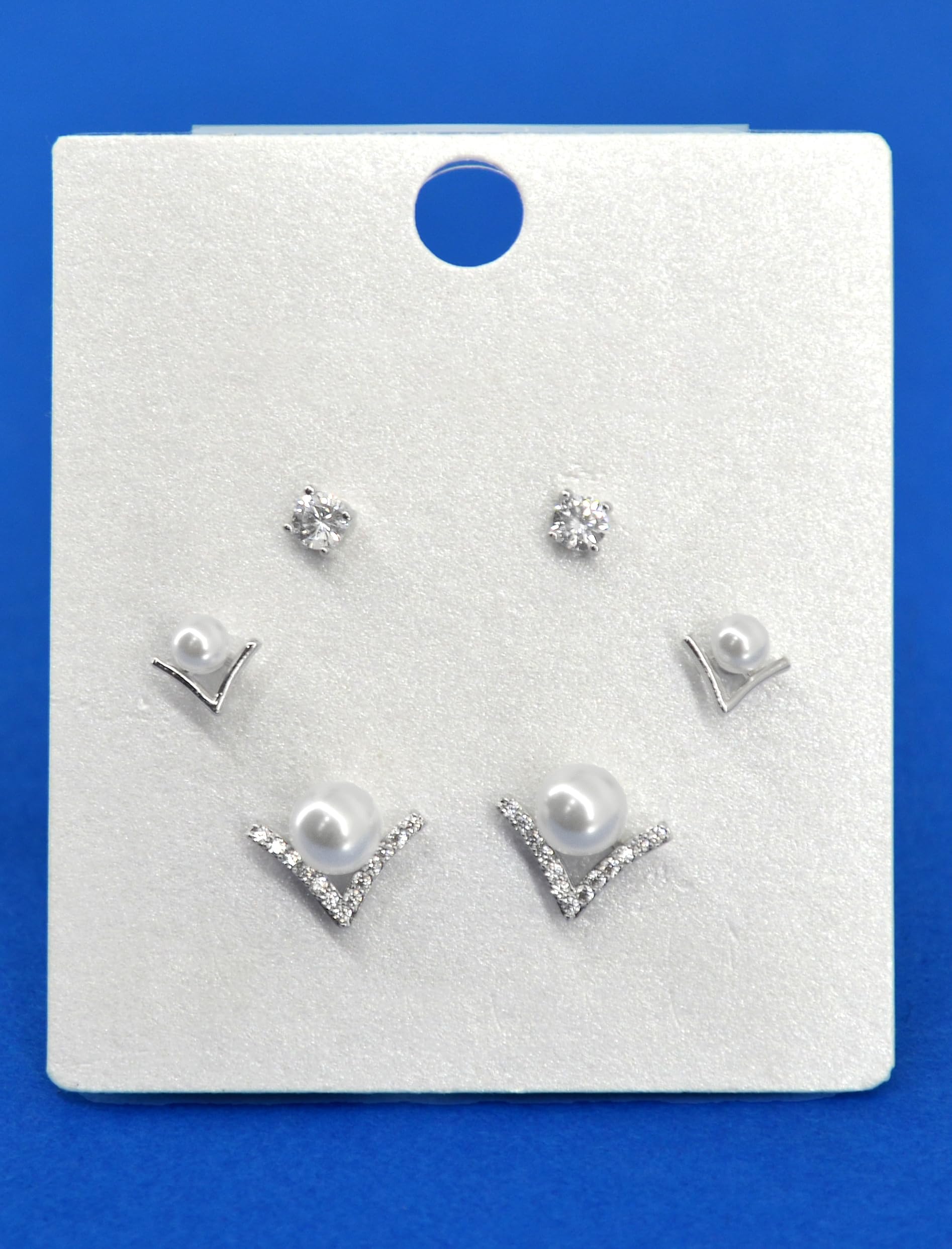 Saloni Fashion Jewellery Royal "V" Shape Pearl Brass Silver Plated Set of 3 Combo Stud Earring For Women and Girls