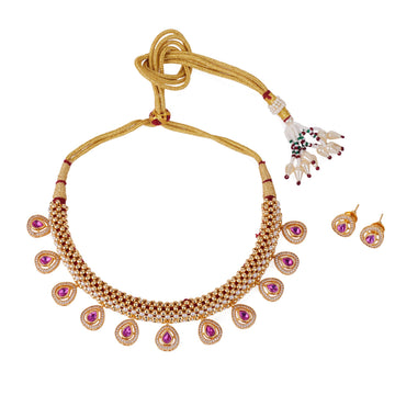 Saloni Fashion Jewellery Incredible Oval Shape Small Golden Ball 22 KT Gold Plated Brass Choker Necklace Set For Women and Girls