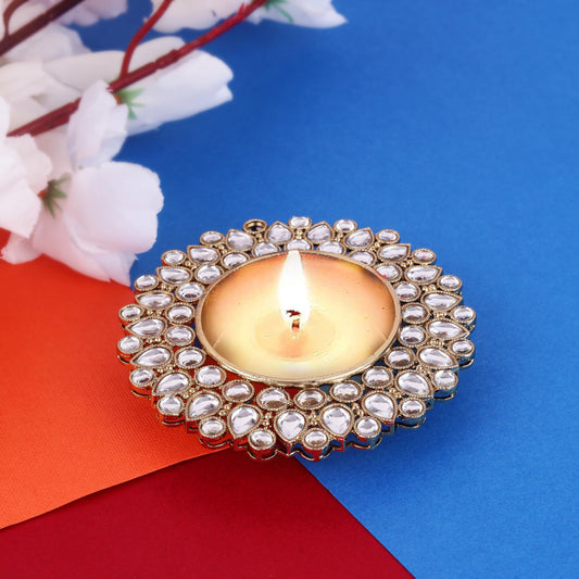 Saloni Fashion Jewellery Traditional Dazzling Oval and Round Shape Brass Gold Plated White Stone Festival Decorative Deep / Diya