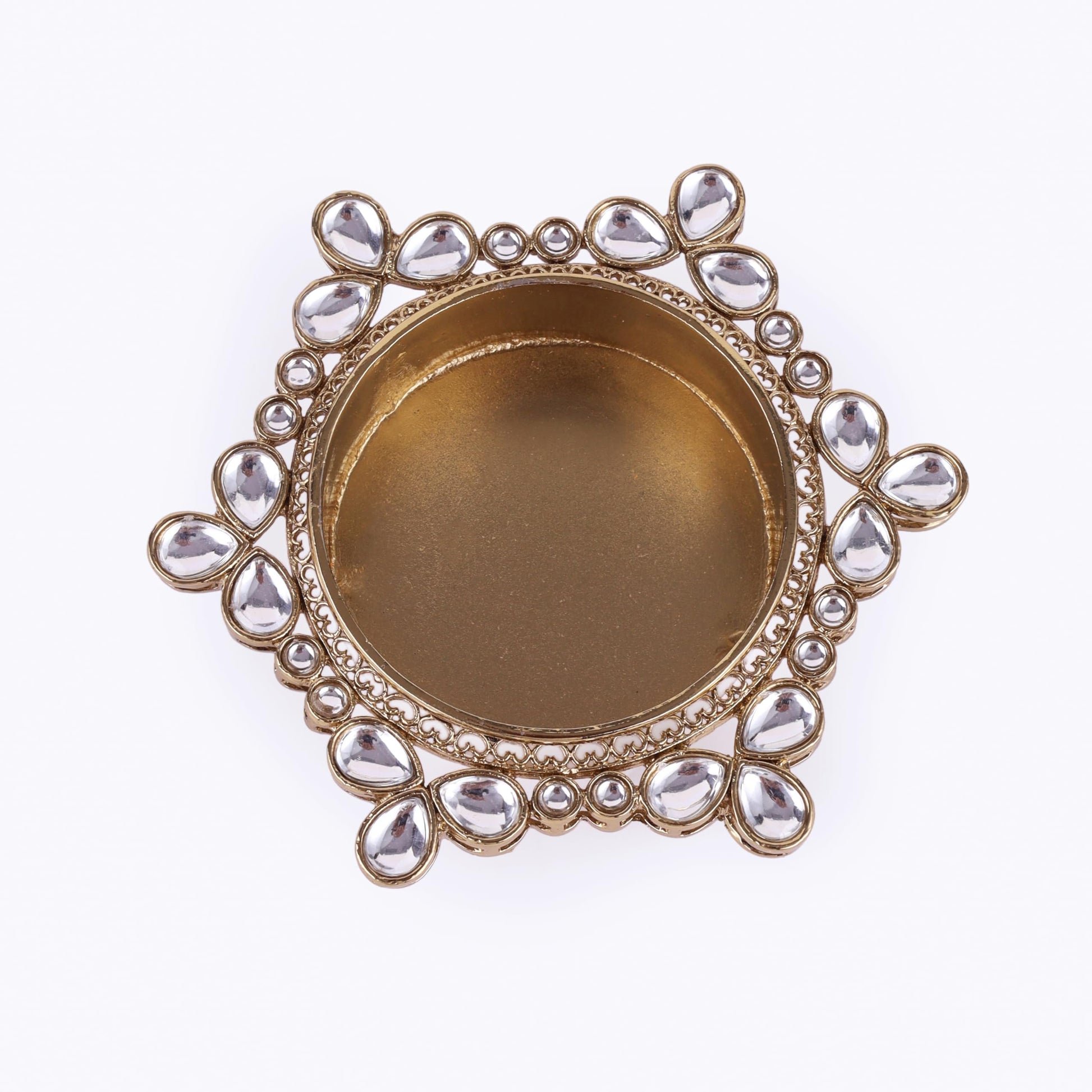 Saloni Fashion Jewellery Traditional Delightful Round and Flower Design Brass Gold Plated White Stone Festival Decorative Deep / Diya