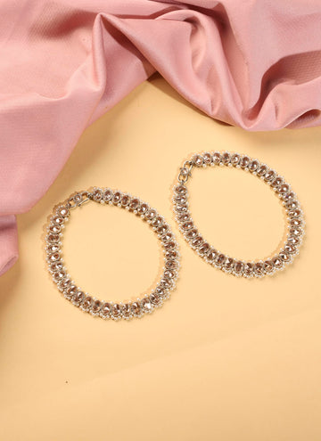 Saloni Fashion Jewellery Elegant Circle Shape Pearl Brown Kundan Stone Antique Gold Plated Set of 2 Anklet(Payal) For Women and Girls