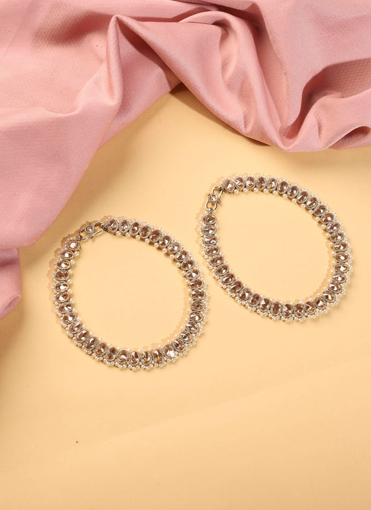 Saloni Fashion Jewellery Elegant Circle Shape Pearl Brown Kundan Stone Antique Gold Plated Set of 2 Anklet(Payal) For Women and Girls