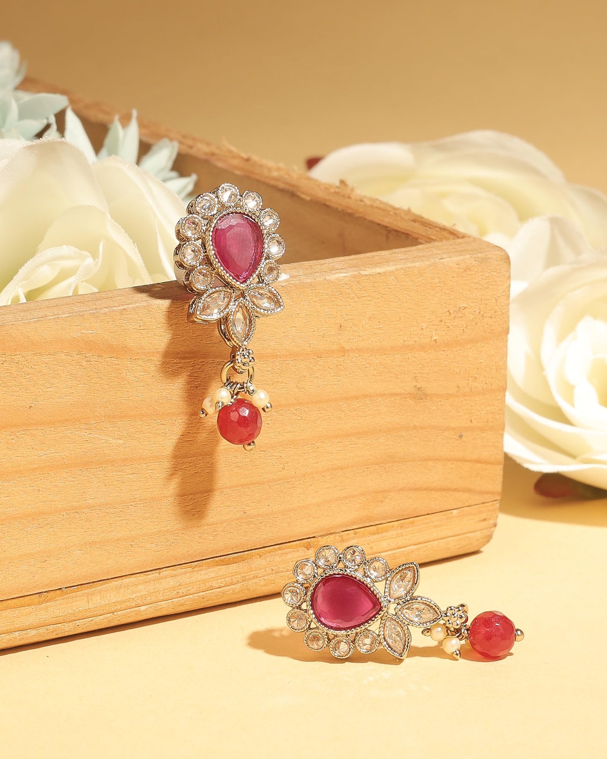 Saloni Fashion Jewellery Excellent Oval and Leaf Design Gold Plated Ruby Kundan Stone Dangle Earring For Women and Girls