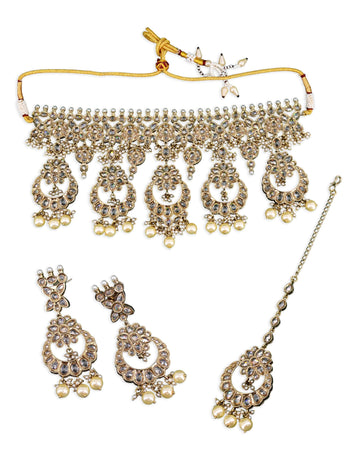Saloni Fashion Jewellery Stylish Flower and Chandelier Shape Uncut Kundan Gold Plated Choker Necklace Set with Maangtikka For Women and Girls